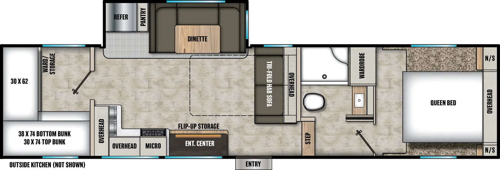 The Phoenix 274BH floorplan has one entry and one slide out. Exterior features include: fiberglass exterior, 16' awning and outside kitchen. Interiors features include: bunk beds, u-dinette and front bedroom.